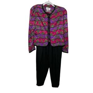 Vtg Schrader 2 Piece Suit Pink Purple Cardigan Pleated Pants Multicolor Black 10
